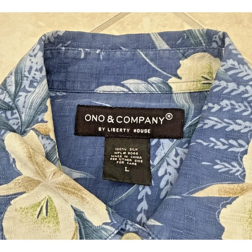 Vintage Ono & Company by Liberty House Sz L Hawaiian Camp Shirt Silk Blue Floral
